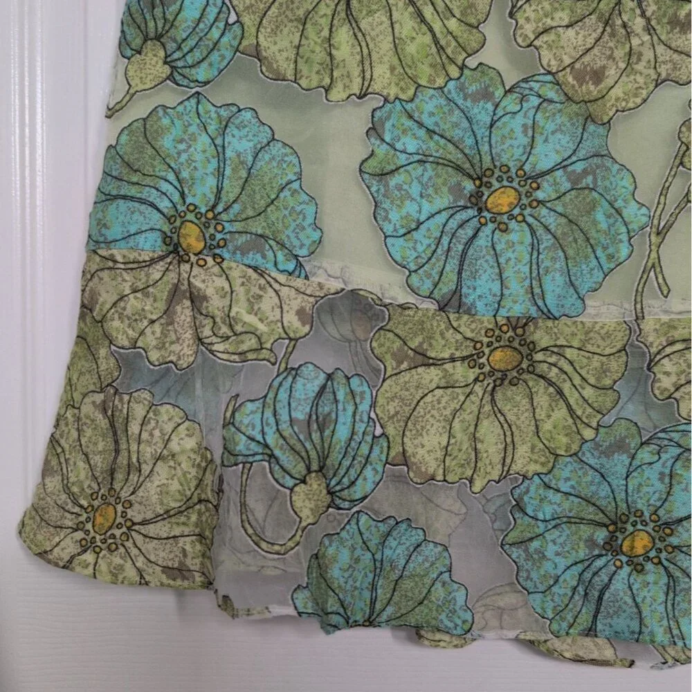 Sharon Young Floral Midi Skirt Womens Size 10 Green Lightweight Lined A Line